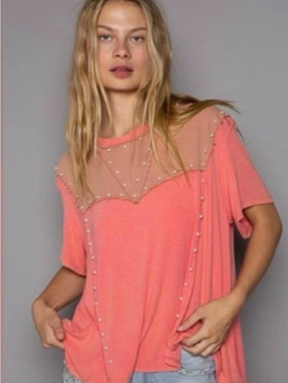 POL Oversized Pearl Detail Ribbed Top in coral size medium